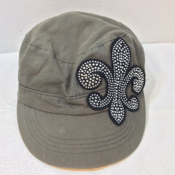 Military Green Cotton Newsboy Cap Hat w/ Rhinestones Fleur De Lis D&Y Elastafit - Picture 5 of 8